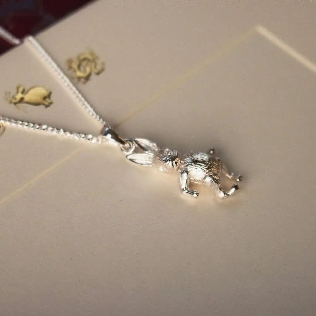 Sterling silver rabbit pendant necklace laid on envelope with embossed animal motifs, gift-ready jewellery