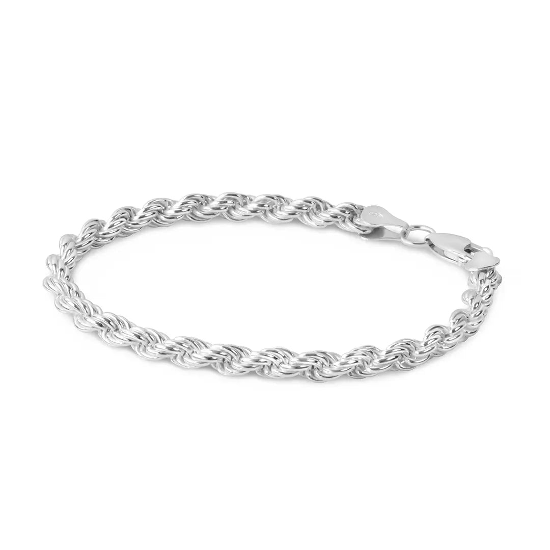 Sterling silver rope chain bracelet with twisted links and lobster clasp fastening on a plain white background.