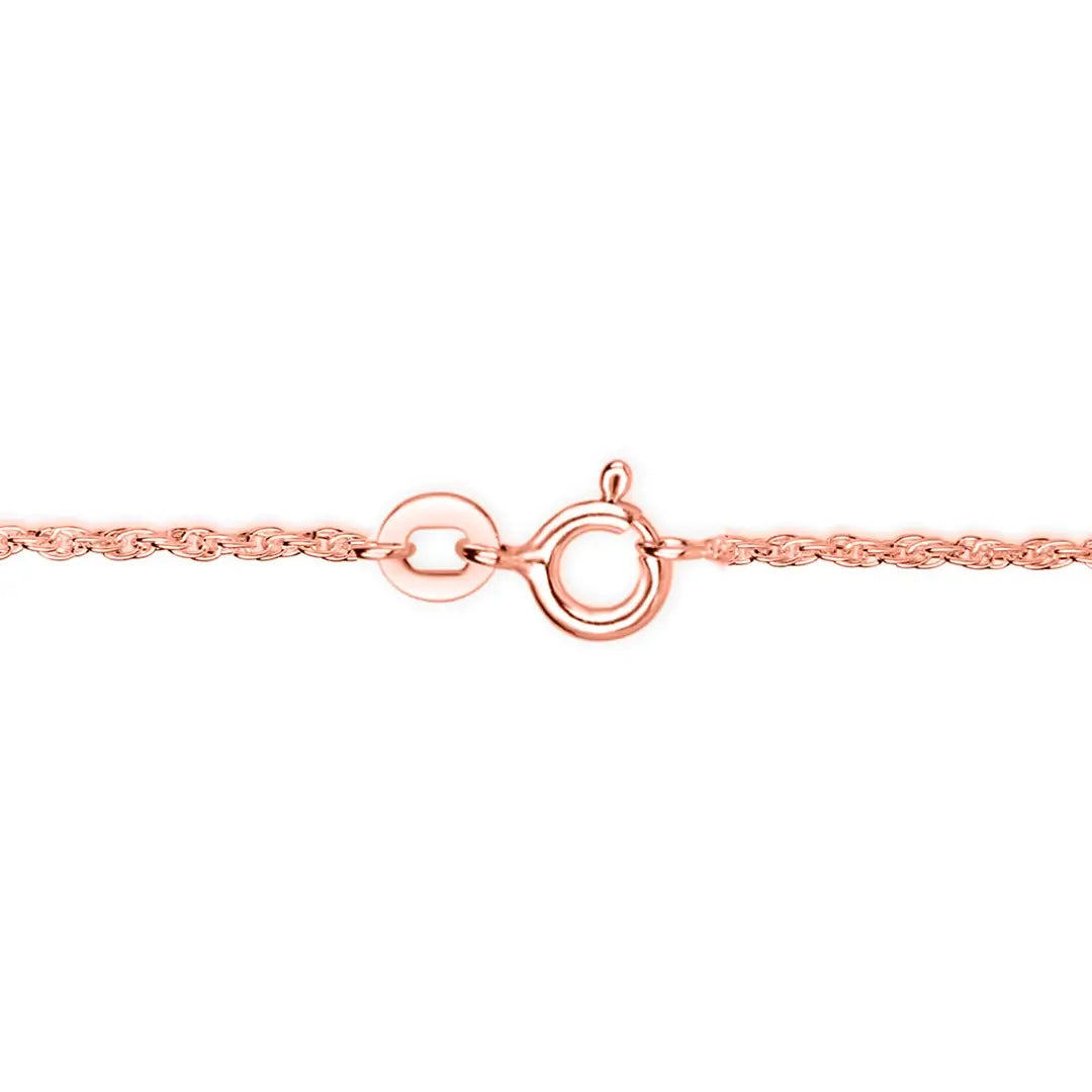 Close-up of rose gold rope chain necklace with spring ring clasp fastening on a white background