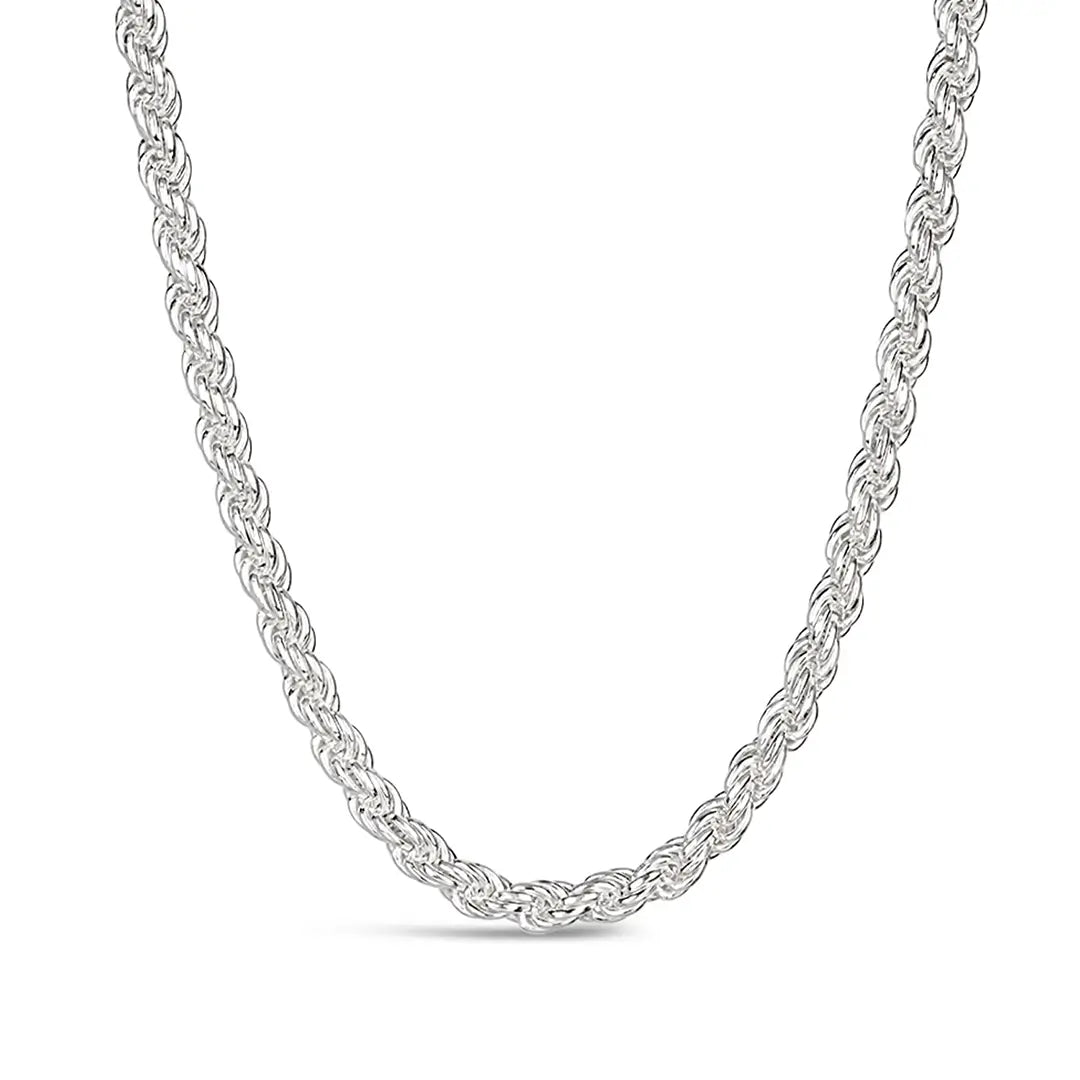 Heavy sterling silver rope chain necklace with thick twisted links and polished finish on white background
