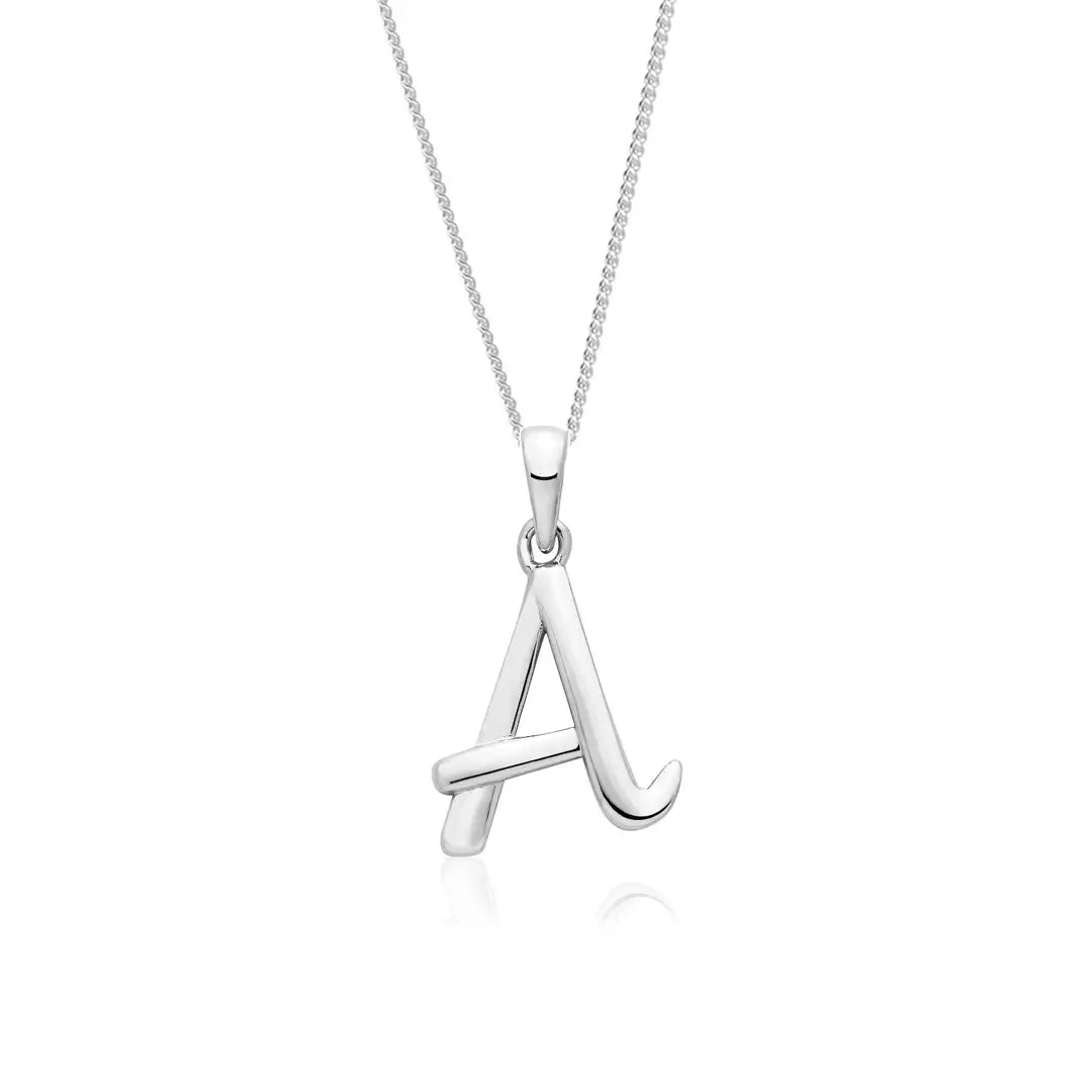 Sterling silver initial A pendant necklace on fine chain, polished finish on white background