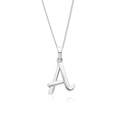 Sterling silver initial A pendant necklace on fine chain, polished finish on white background