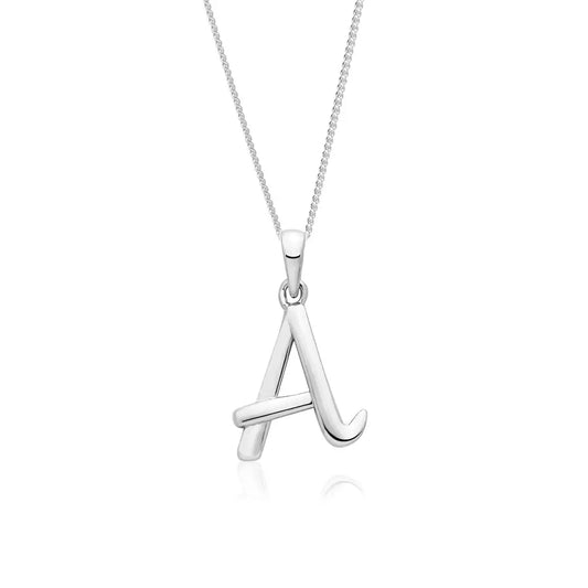 Sterling silver initial A pendant necklace on fine chain, polished finish on white background