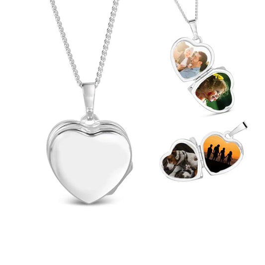 Sterling silver heart locket necklace on a silver chain, displayed closed and opened to show space for four personalised photos inside.
