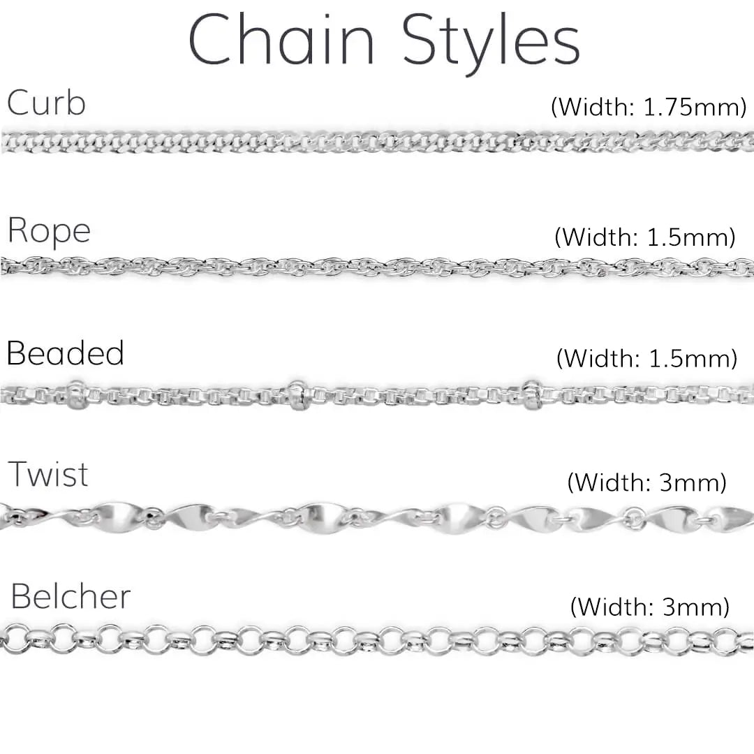 Sterling silver chain styles guide showing curb, rope, beaded, twist and belcher chains with widths, jewellery chain comparison