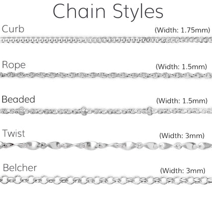 Sterling silver chain styles guide showing curb, rope, beaded, twist and belcher chains with widths, jewellery chain comparison