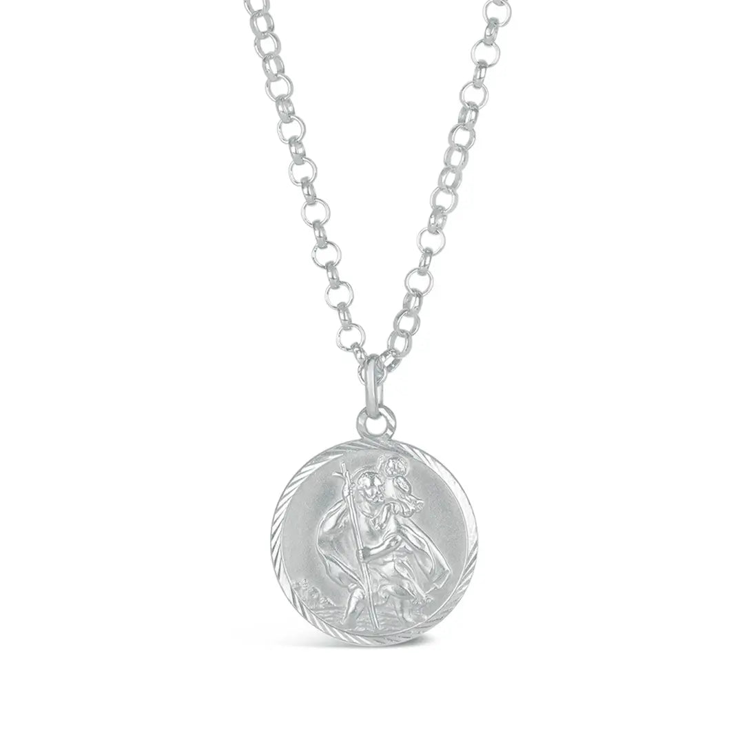 Front-facing product image of a sterling silver St Christopher coin pendant necklace with detailed raised engraving on a belcher chain