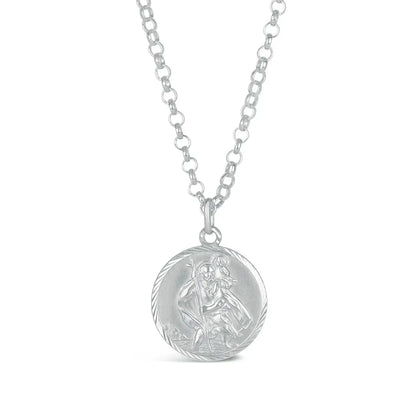 Front-facing product image of a sterling silver St Christopher coin pendant necklace with detailed raised engraving on a belcher chain