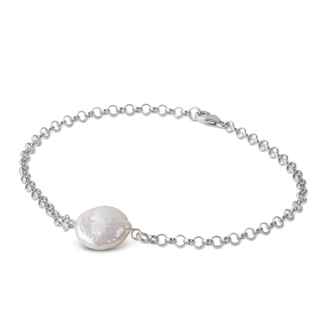 Sterling silver chain bracelet with single coin pearl detail on white background, minimalist freshwater pearl jewellery design