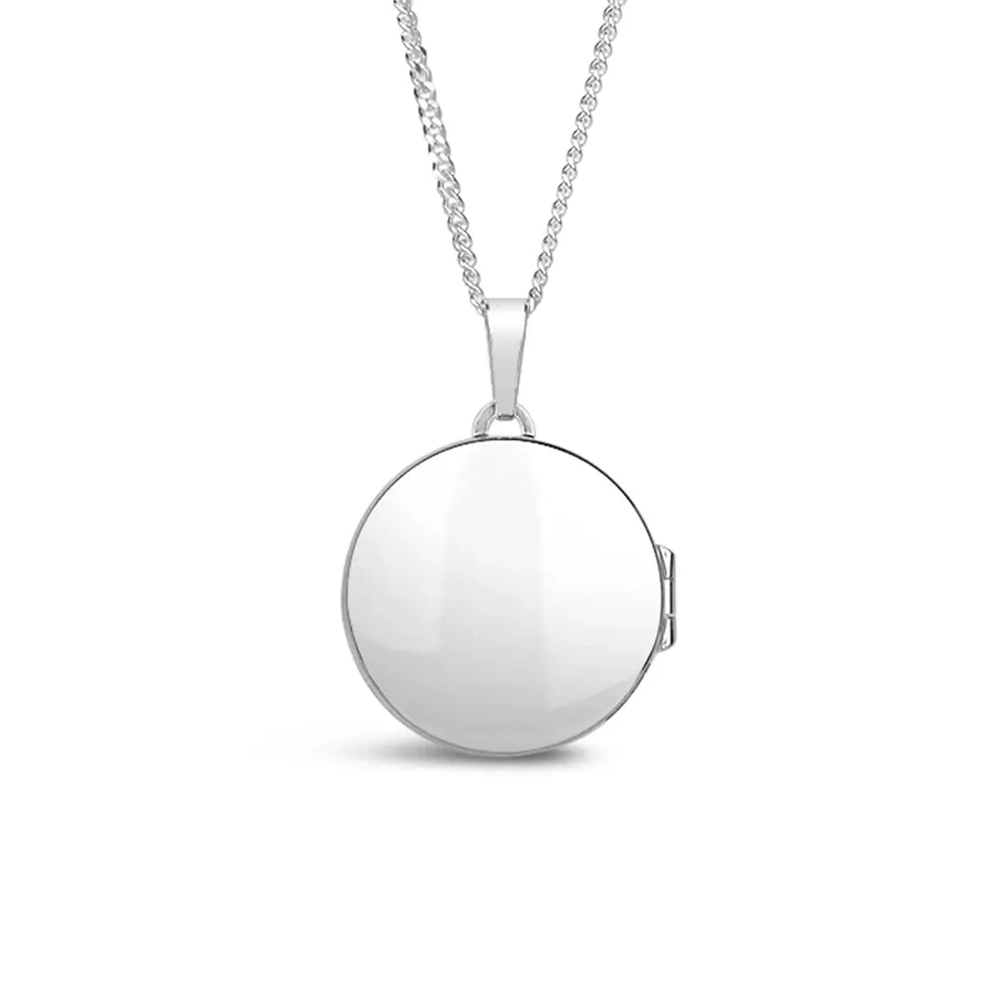 Product image of a polished silver round locket pendant on a chain, showing the smooth engravable back