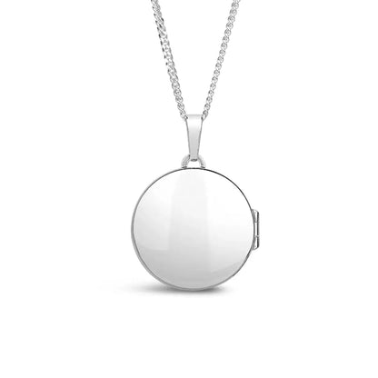 Product image of a polished silver round locket pendant on a chain, showing the smooth engravable back