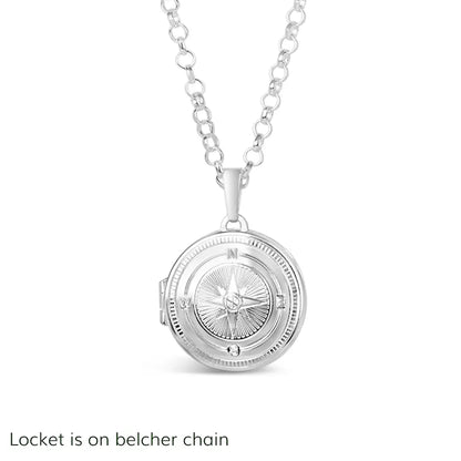 Front-facing product image of a silver compass locket necklace on a white background