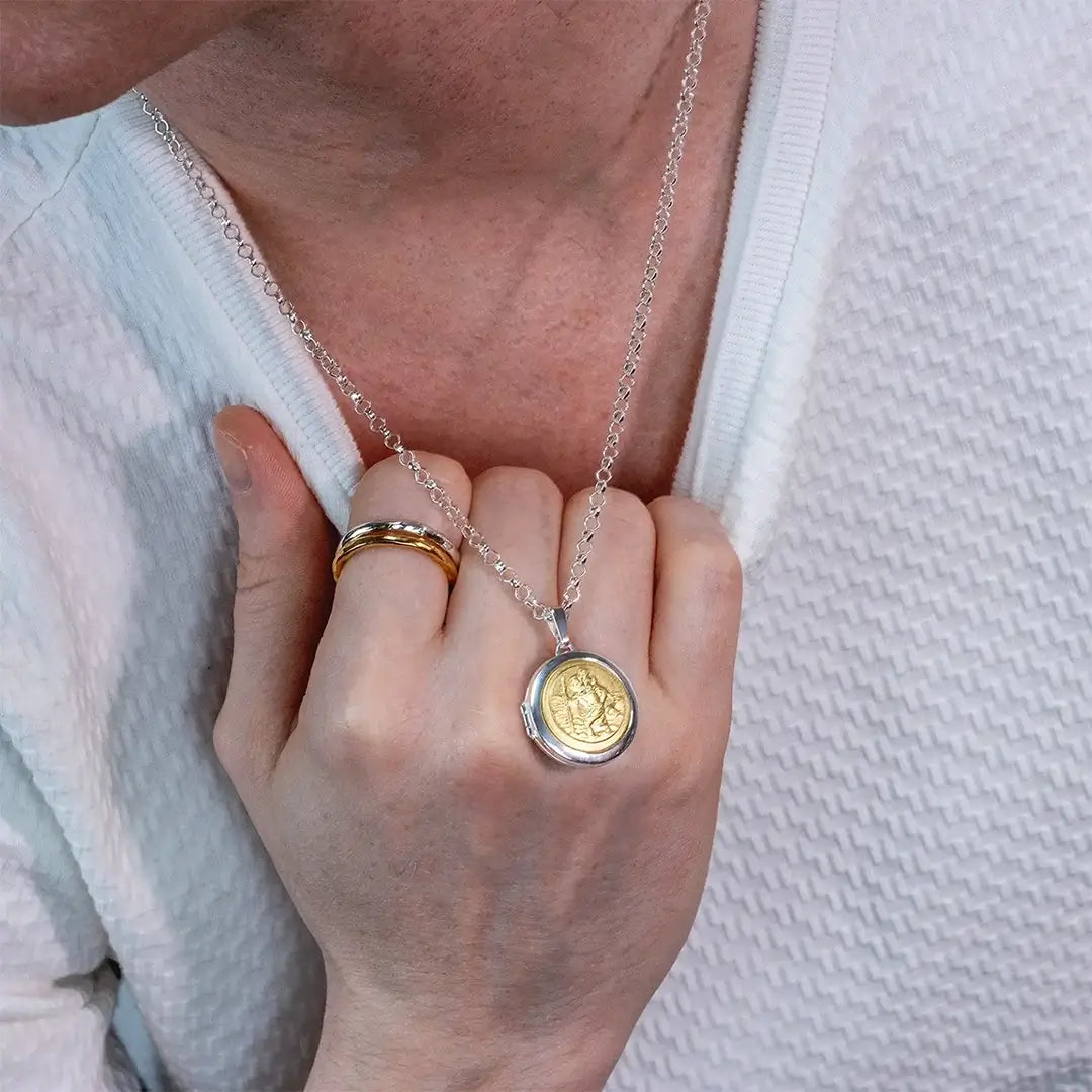Men’s St Christopher locket necklace in silver and gold worn on belcher chain, meaningful jewellery gift