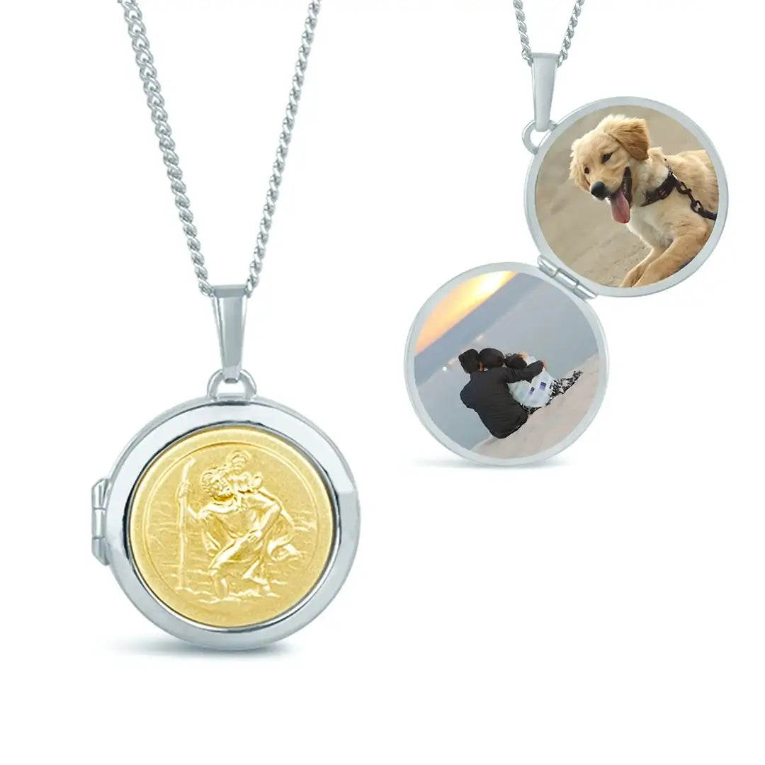 St Christopher locket necklace open showing photo inserts, personalised silver keepsake jewellery