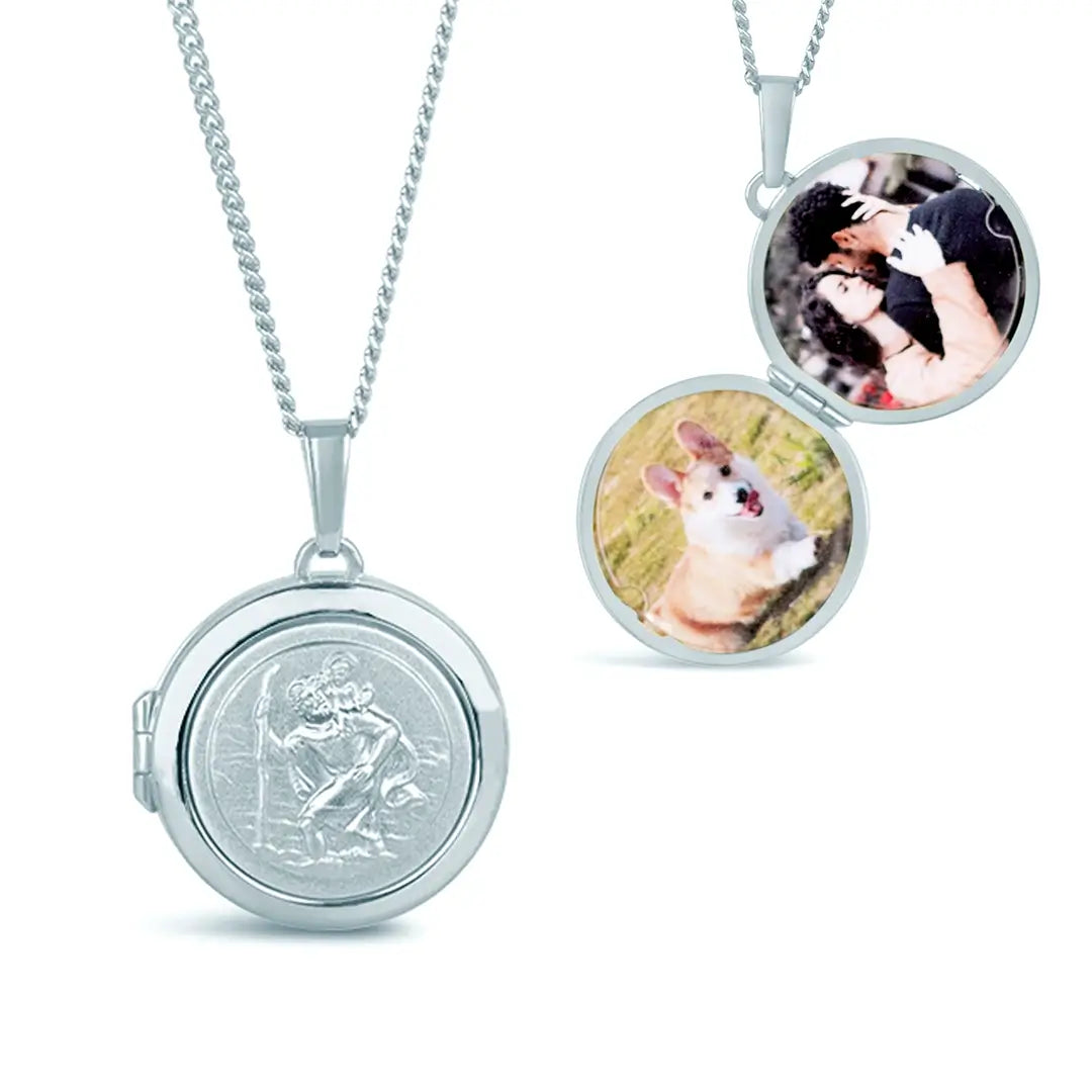Sterling silver St Christopher locket shown closed alongside open view displaying two personalised photos inside