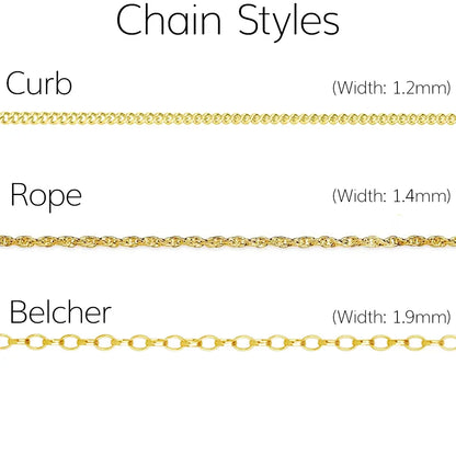 Gold chain styles comparison showing curb chain (1.2mm), rope chain (1.4mm) and belcher chain (1.9mm) widths on white background