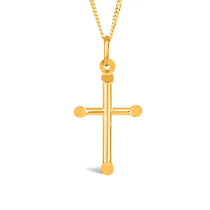 Solid gold cross pendant necklace with polished finish and rounded edges on fine chain, white background