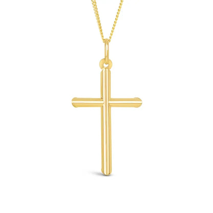 Front-facing product image of a gold cross pendant necklace on a white background