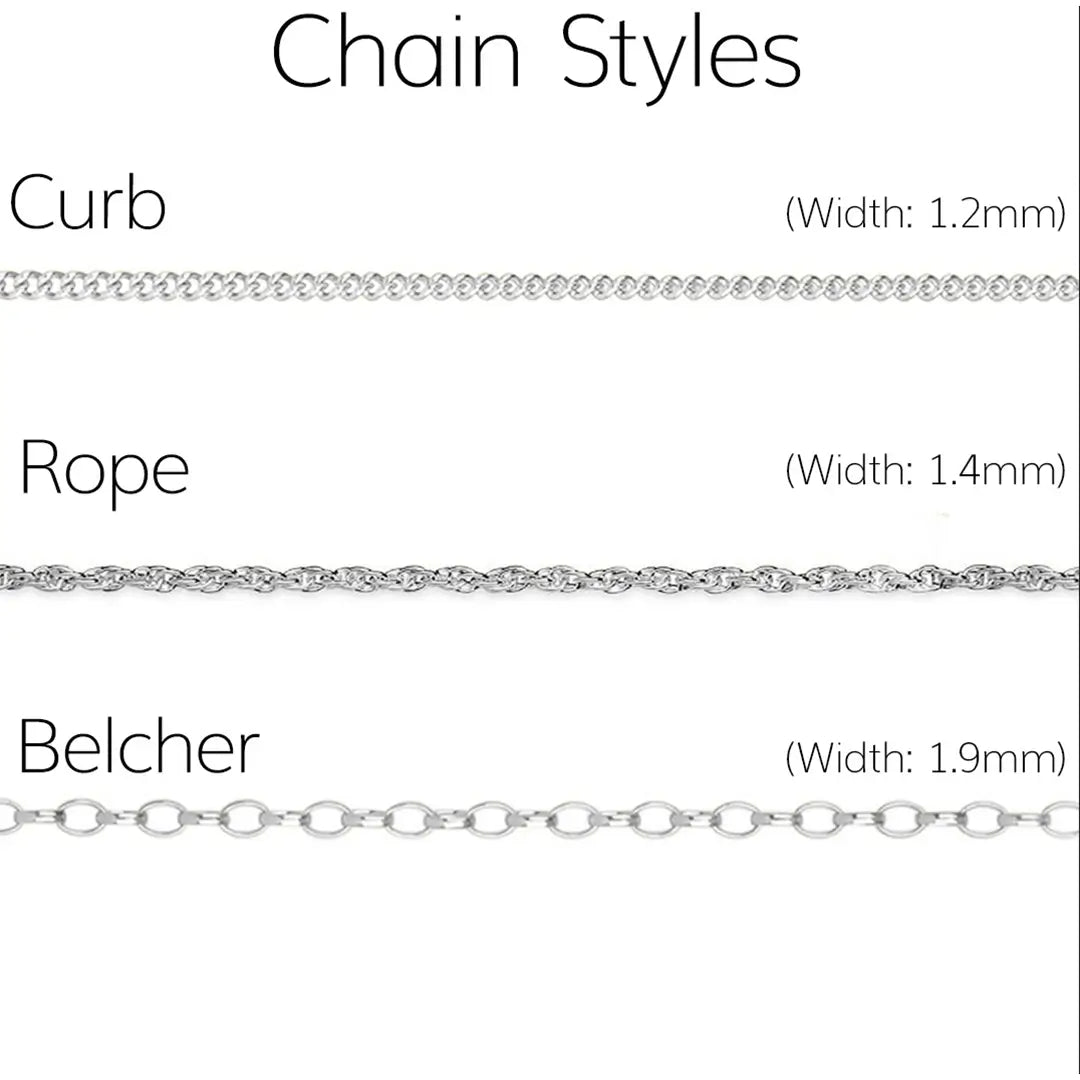 White gold chain styles comparison showing curb chain (1.2mm), rope chain (1.4mm) and belcher chain (1.9mm) widths on white background