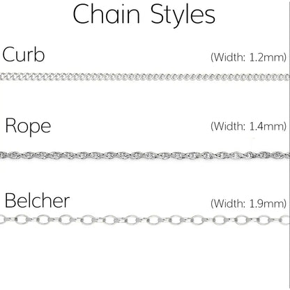White gold chain styles comparison showing curb chain (1.2mm), rope chain (1.4mm) and belcher chain (1.9mm) widths on white background