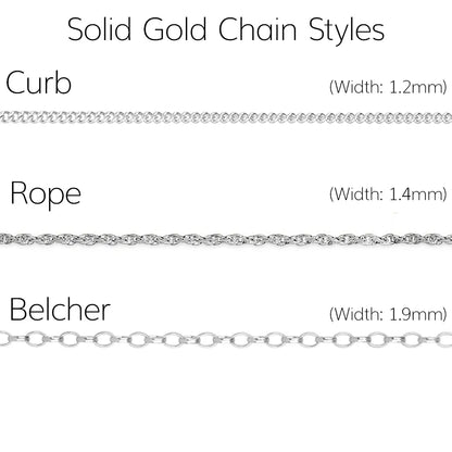Men’s solid white gold chain styles showing curb, rope and belcher chains with widths 1.2mm, 1.4mm and 1.9mm