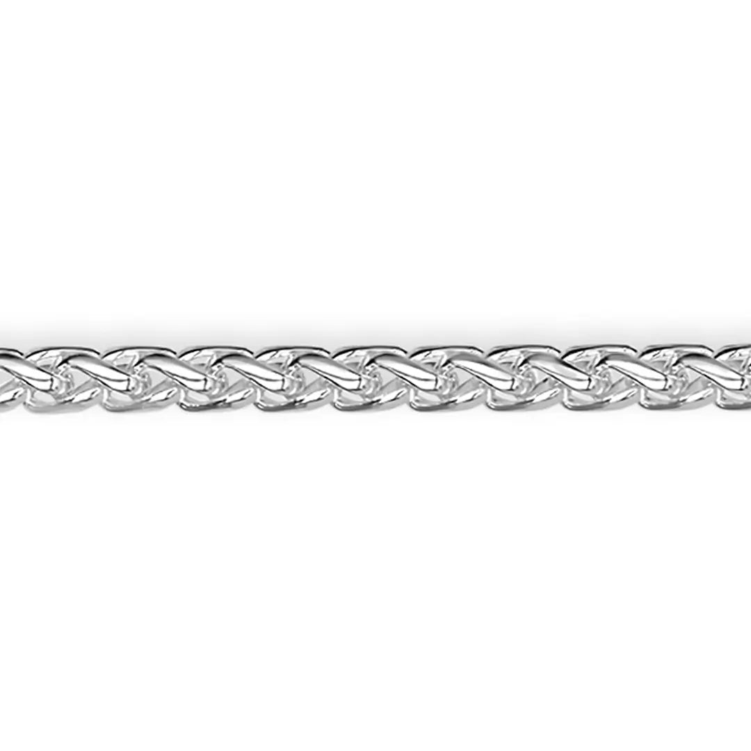 Close-up of sterling silver spiga chain links showing intricate woven pattern and polished finish