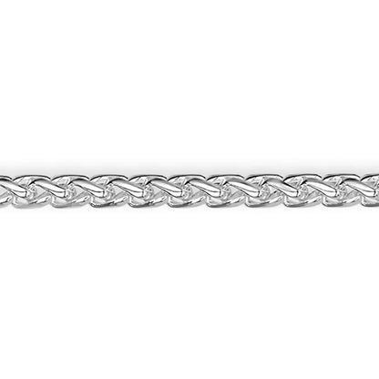 Close-up of sterling silver spiga chain links showing intricate woven pattern and polished finish
