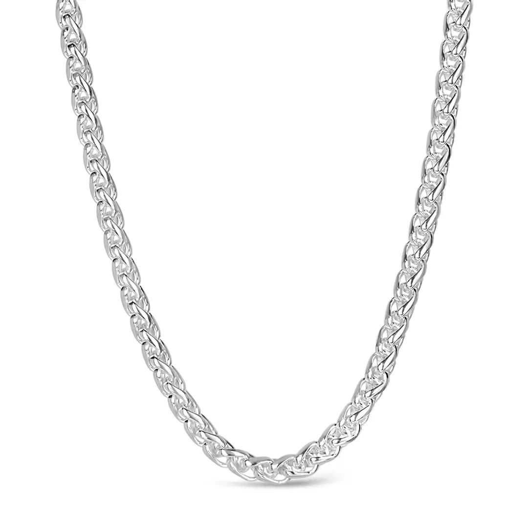 Sterling silver spiga chain necklace with smooth woven design and high shine finish on white background