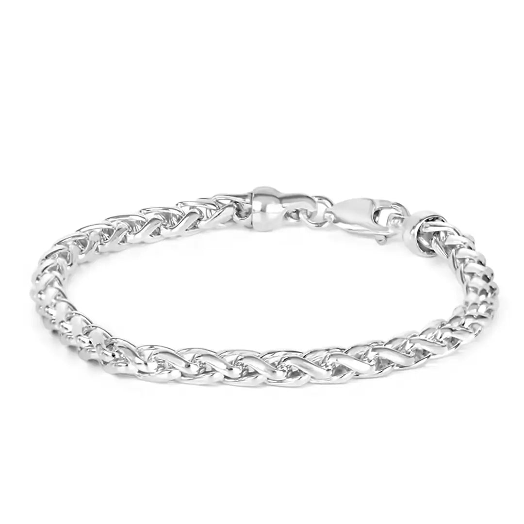 Sterling silver spiga chain bracelet with lobster clasp, polished finish on white background