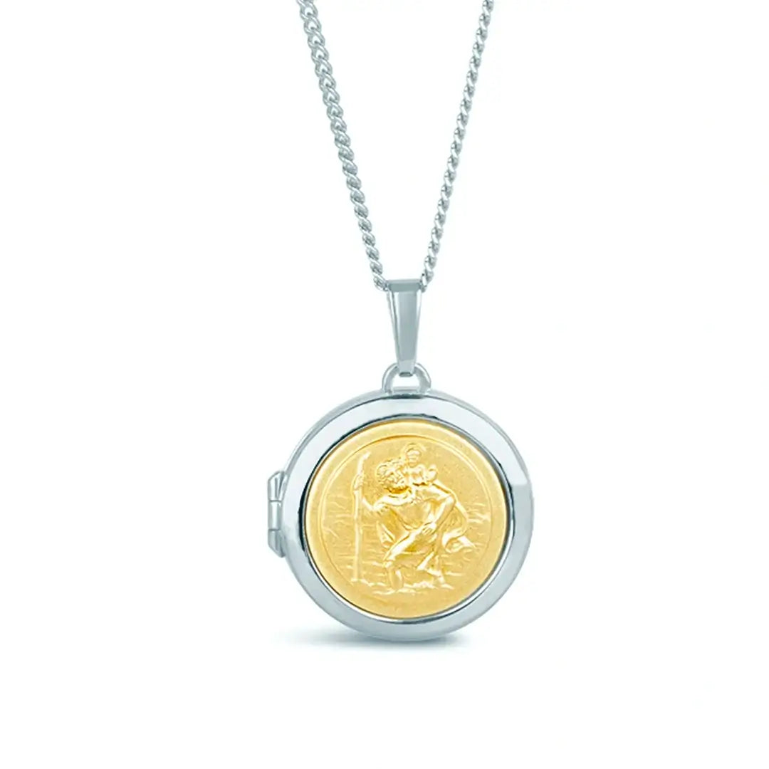 Silver St Christopher locket pendant with gold centre on chain, classic men’s travel necklace