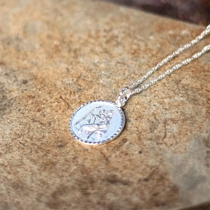 Sterling silver St Christopher pendant necklace on stone, detailed engraved saint design travel jewellery