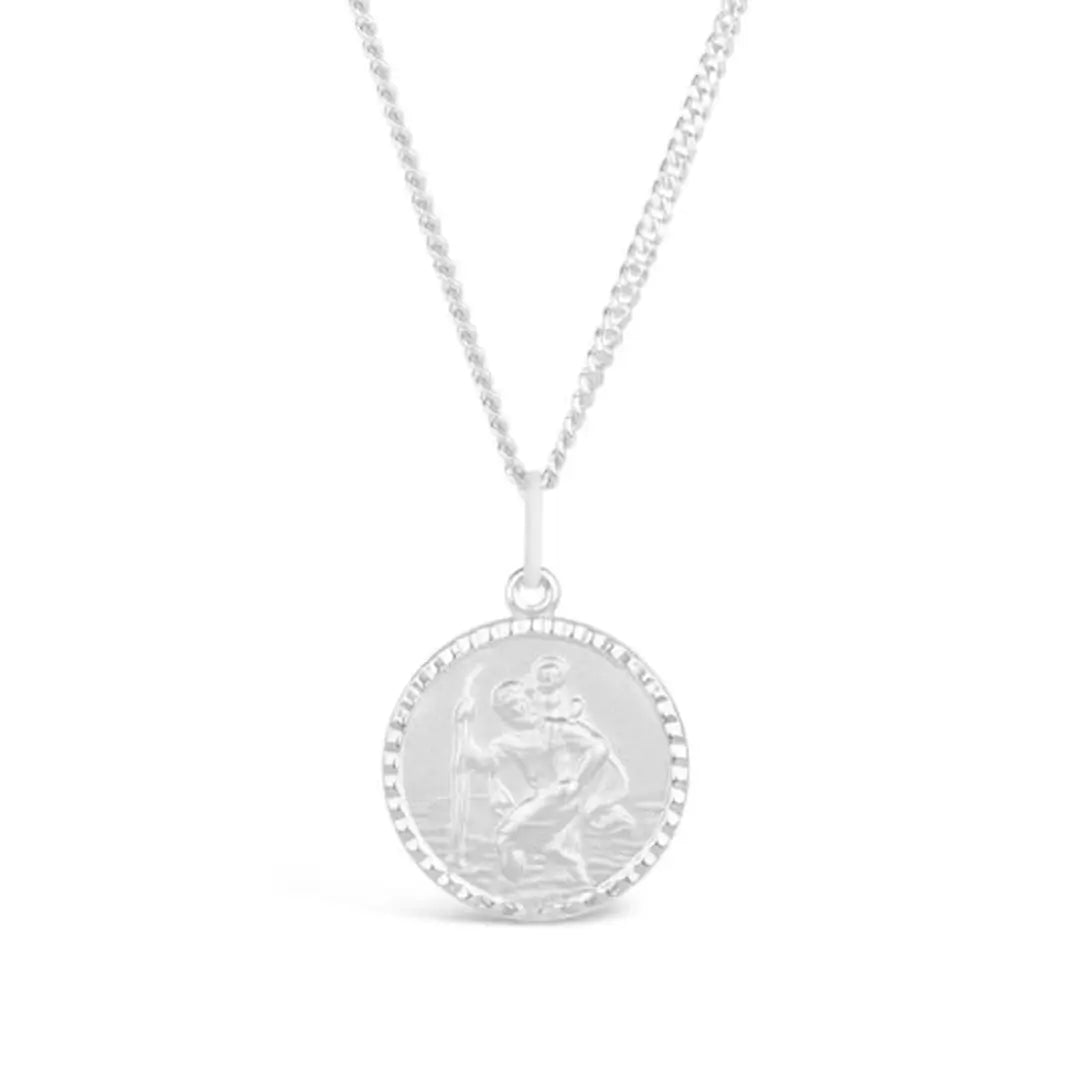 Sterling silver St Christopher pendant necklace on chain, classic religious travel charm for men