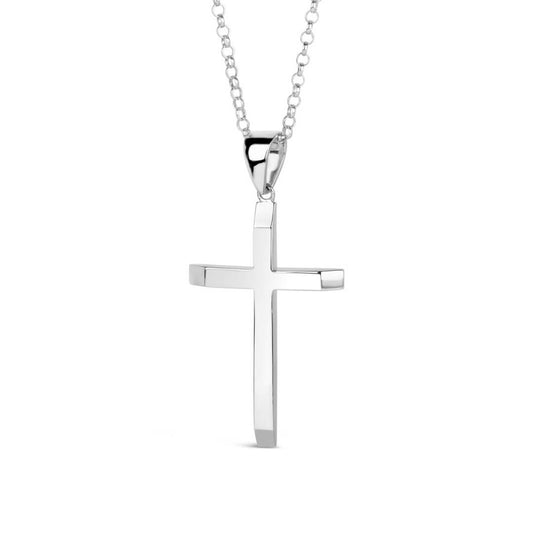 Extra large Silver cross pendant on a belcher chain a white background
