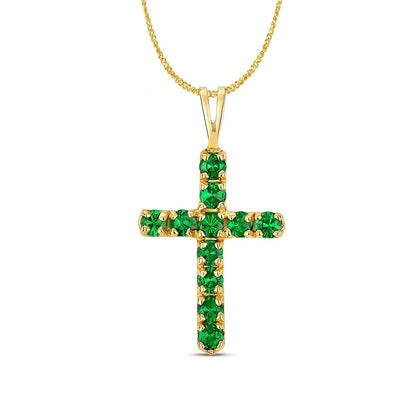 Close-up of a gold cross pendant set with round green tsavorite gemstones on a white background