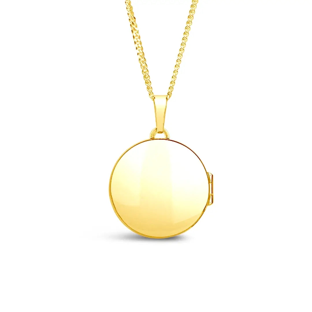 Gold vermeil round compass locket necklace with polished plain back on fine chain, white background