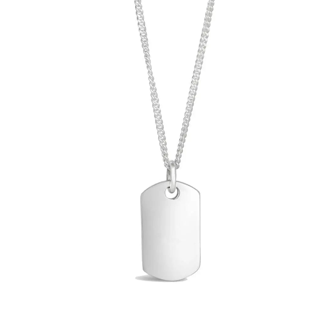 Sterling silver dog tag necklace on chain with blank polished pendant, clean product shot on white background for engraving.