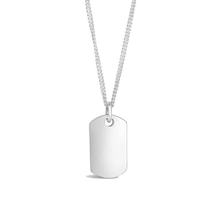 Sterling silver dog tag necklace on chain with blank polished pendant, clean product shot on white background for engraving.