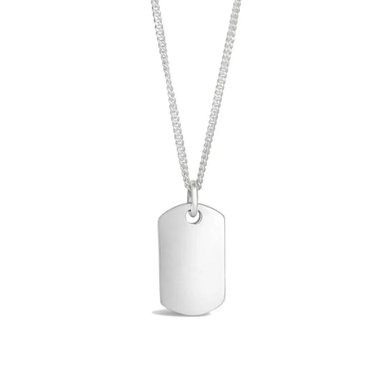 Sterling silver dog tag necklace on chain with blank polished pendant, clean product shot on white background for engraving.