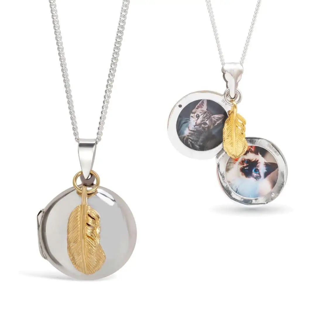 Sterling silver feather locket necklace closed and open views, personalised photo locket with gold feather charm