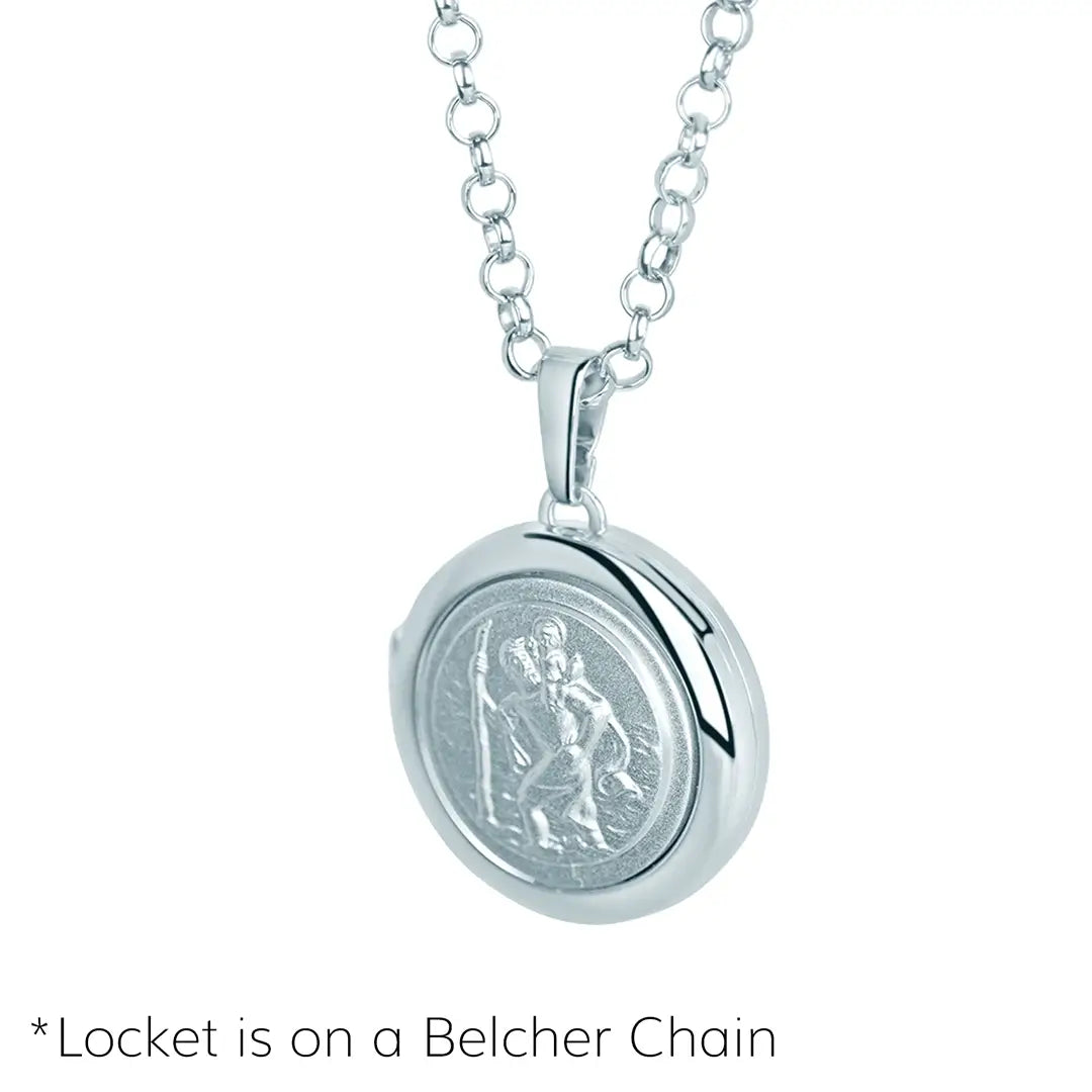 Sterling silver St Christopher locket on a belcher chain showing embossed front design, with note that locket is on a belcher chain