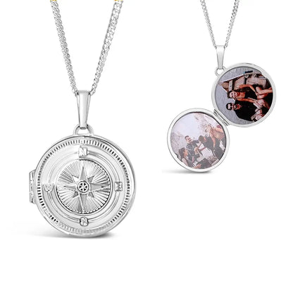 Silver compass locket necklace shown closed and open, revealing two personalised photo inserts inside