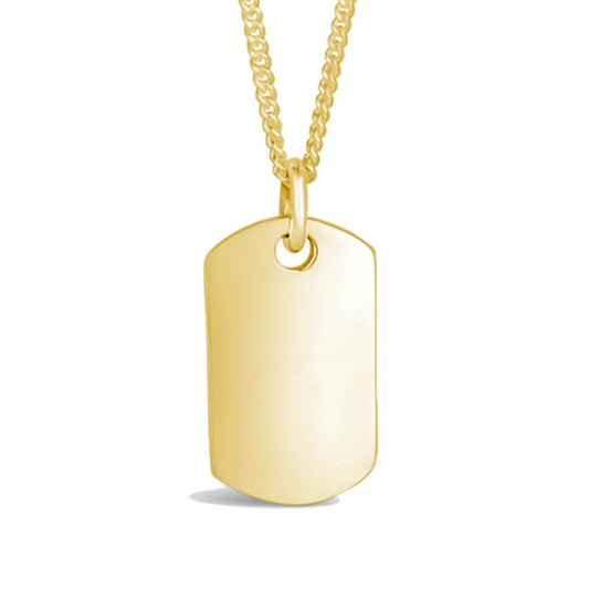 XL Gold Vermeil Dog Tag Necklace on an 18ct Gold Vermeil Belcher Chain by Lily Blanche, polished military-style pendant for personalised engraving.