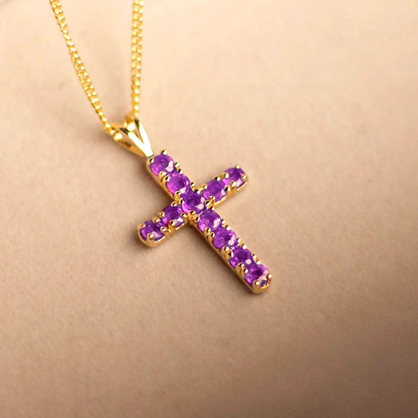 Amethyst Cross Necklace in Solid Gold