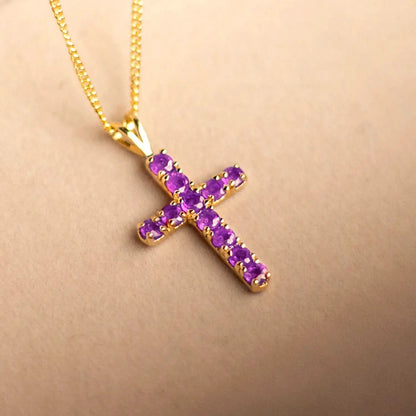 Amethyst Cross Necklace in Solid Gold