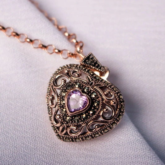 Amethyst Vintage Heart Locket Rose Gold + Photos