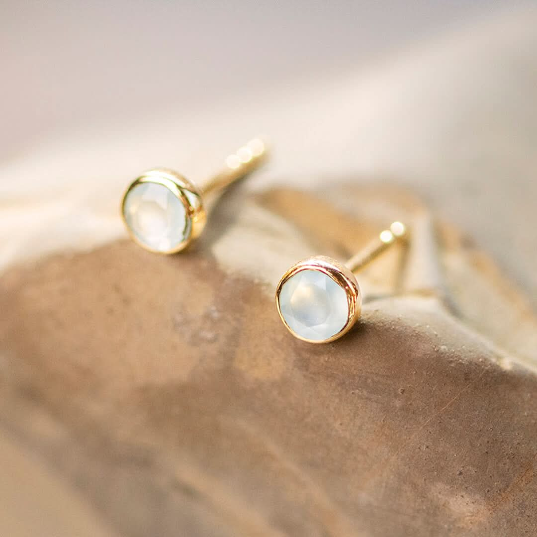 Aqua Chalcedony Mini Stud Earrings | Gold | March Birthstone