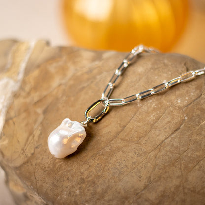White Baroque Pearl Paperclip Necklace in Silver