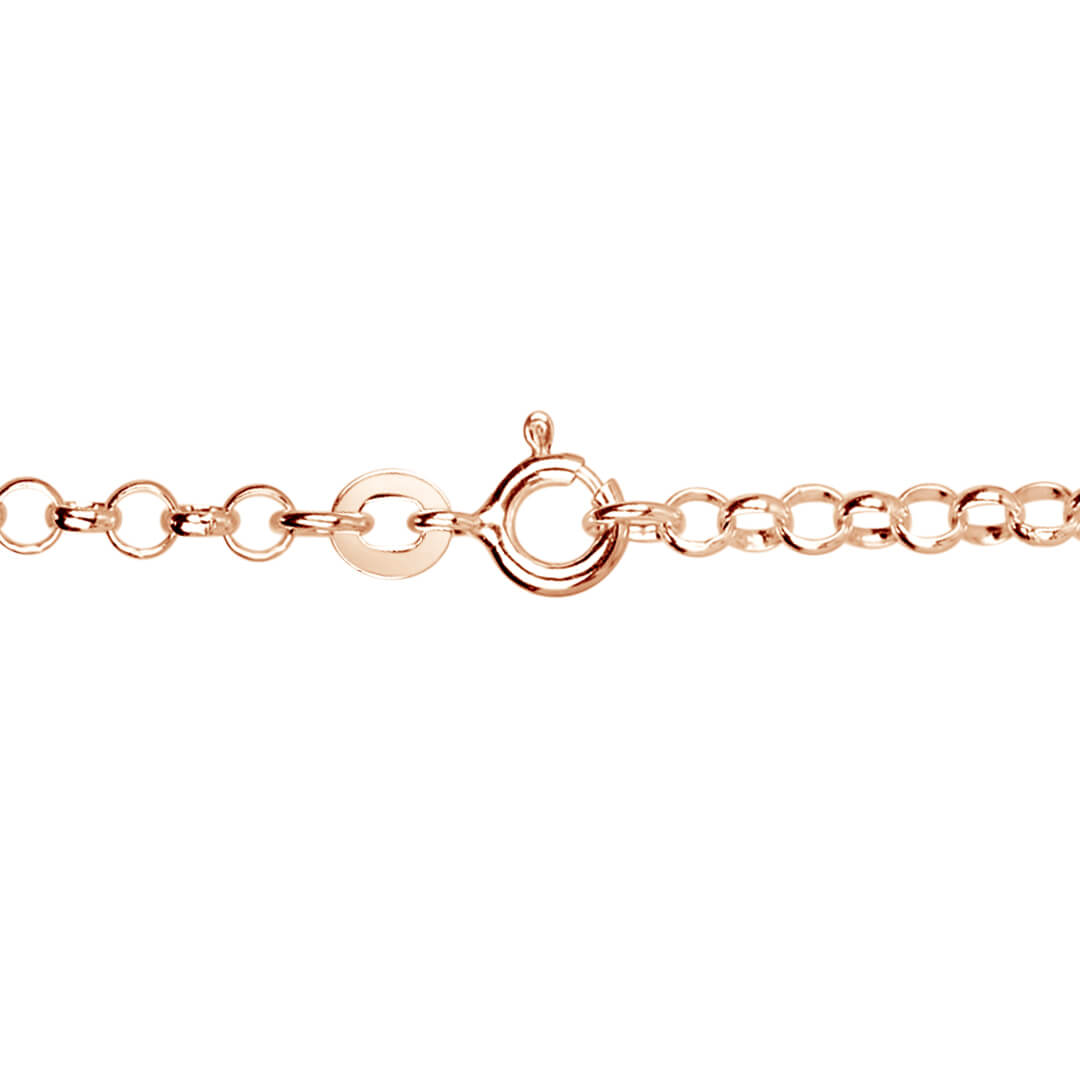 Close-up of rose gold vermeil belcher chain necklace with spring ring clasp and round link detail on white background.