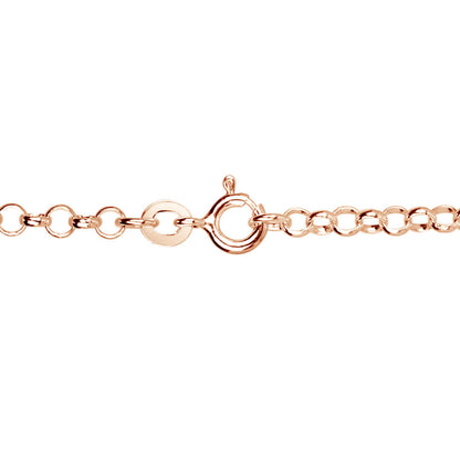 Close-up of rose gold vermeil belcher chain necklace with spring ring clasp and round link detail on white background.