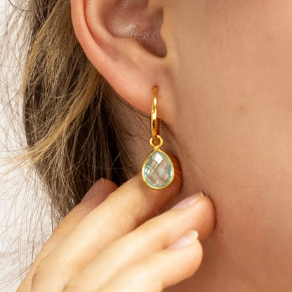 Blue Topaz Drop Hoop Earrings | Gold - December